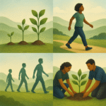 A man and woman planting a tree, others walking on a narrow path, and trees growing — symbolizing purpose, unity, and long-term growth.