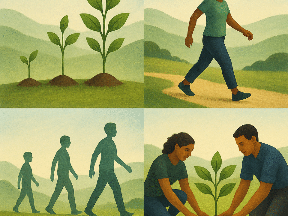 A man and woman planting a tree, others walking on a narrow path, and trees growing — symbolizing purpose, unity, and long-term growth.