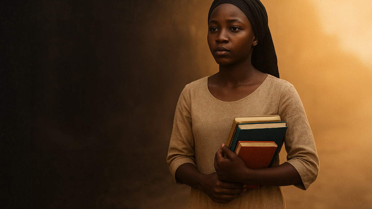 Hopeful young girl carrying books, walking forward with determination.