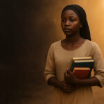 Hopeful young girl carrying books, walking forward with determination.