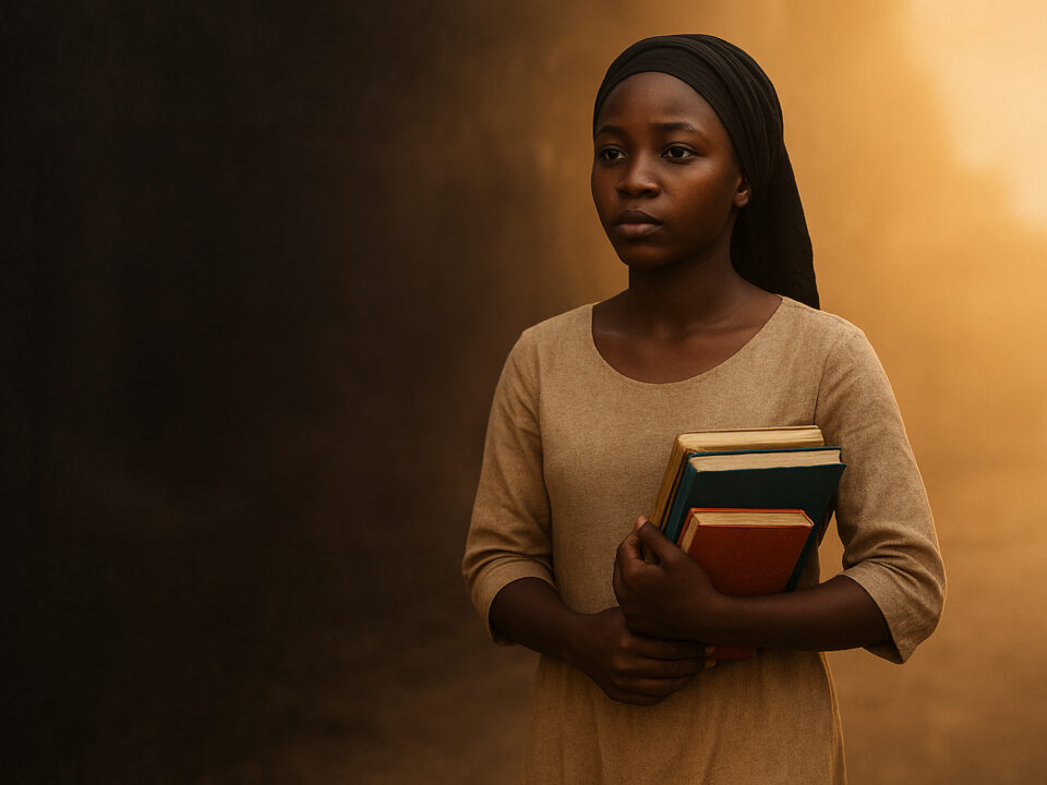 Hopeful young girl carrying books, walking forward with determination.