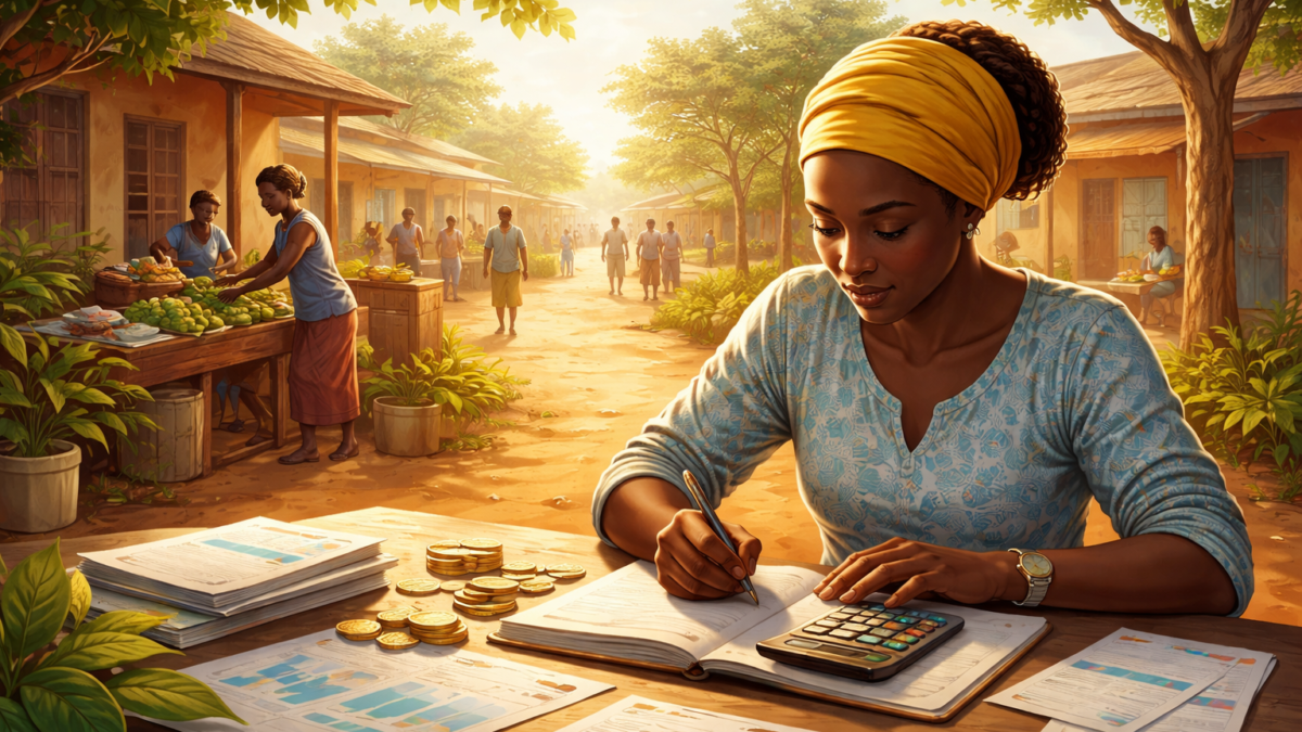 Illustration of a young woman and man managing finances with charts and graphs in the background, representing financial discipline, economic empowerment, and community growth.