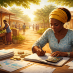 Illustration of a young woman and man managing finances with charts and graphs in the background, representing financial discipline, economic empowerment, and community growth.