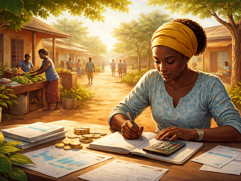 Illustration of a young woman and man managing finances with charts and graphs in the background, representing financial discipline, economic empowerment, and community growth.